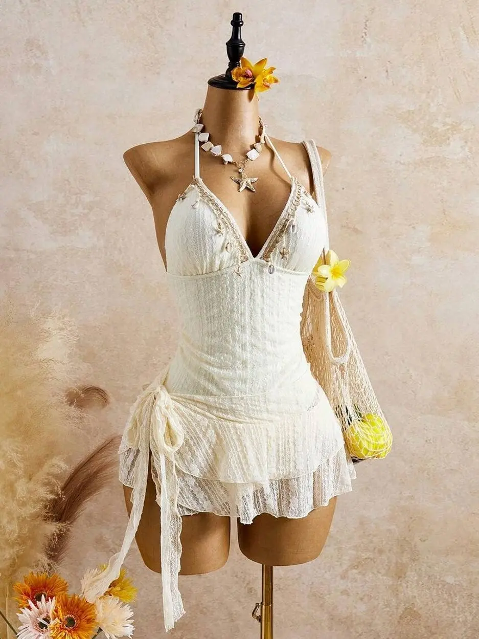 Bellisia Off-White Jacquard Swimsuit Set | Shell & Starfish Charm Trim Halter Neckline | 2-Piece One-Piece Swimwear with Ruffled Tie-Side Mini Skirt