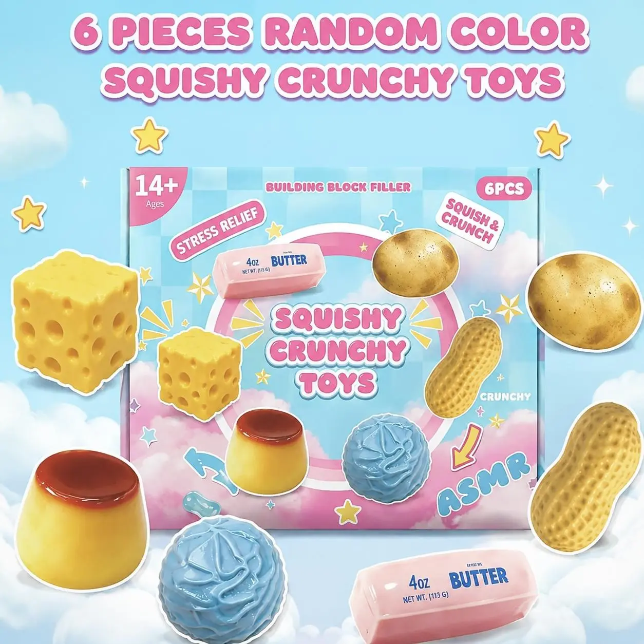 6‑Piece Squishy Crunchy Stress Relief Fidget Toys, ASMR Squeeze Sensory Decompression Toys, Relaxing Unique Stress Ball Party Gifts, Sensory Room Supplies, 6 Different Food‑Shaped Styles, Novelty Holiday Gifts