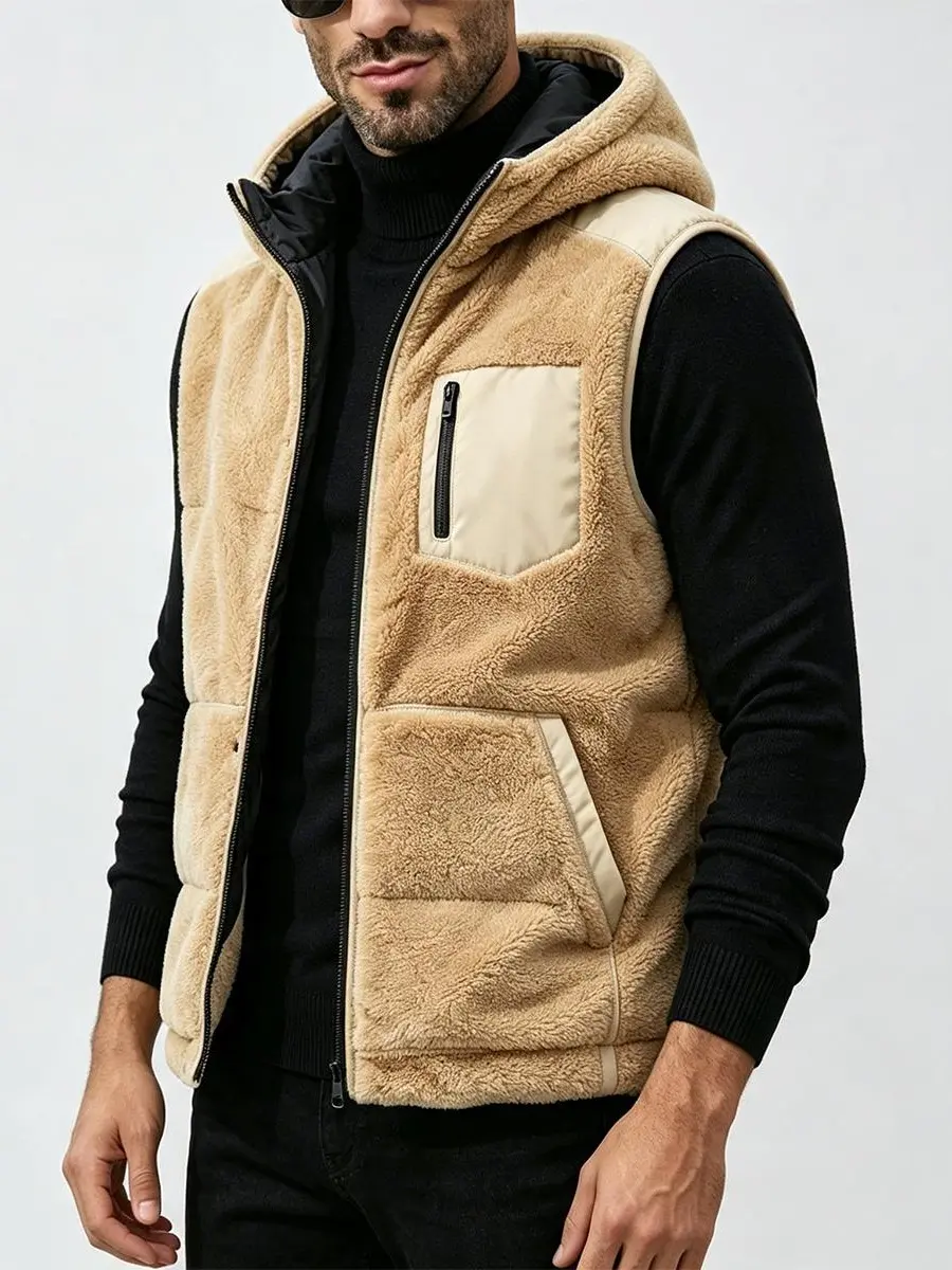 Men's Reversible Hooded Fleece Vest - Full-Zip Sleeveless Sherpa Gilet with Zipper Pocket, Warm Windproof Waistcoat for Autumn Winter Casual Outdoor Layering