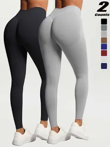 Women's High-Waisted Seamless Yoga Pants, Sporty Athleisure Slim-Fitting Leggings, Durable Plain Pattern, Perfect for Pilates Running Fitness