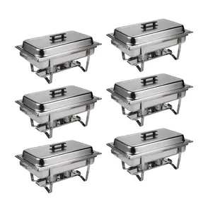 6-Set Stainless Steel Stackable Buffet Catering Plates & Trays with Lids, 9QT Capacity Space-Saving Kitchenware for Home & Outdoor Use
