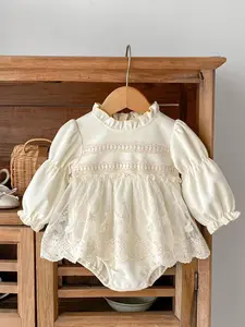 Girls Waffle Lace Trim Long Sleeve Romper Dress, Cute Style Bodysuit for Baby 0-2 Years, Ideal Spring & Fall, Baby Clothes Girl