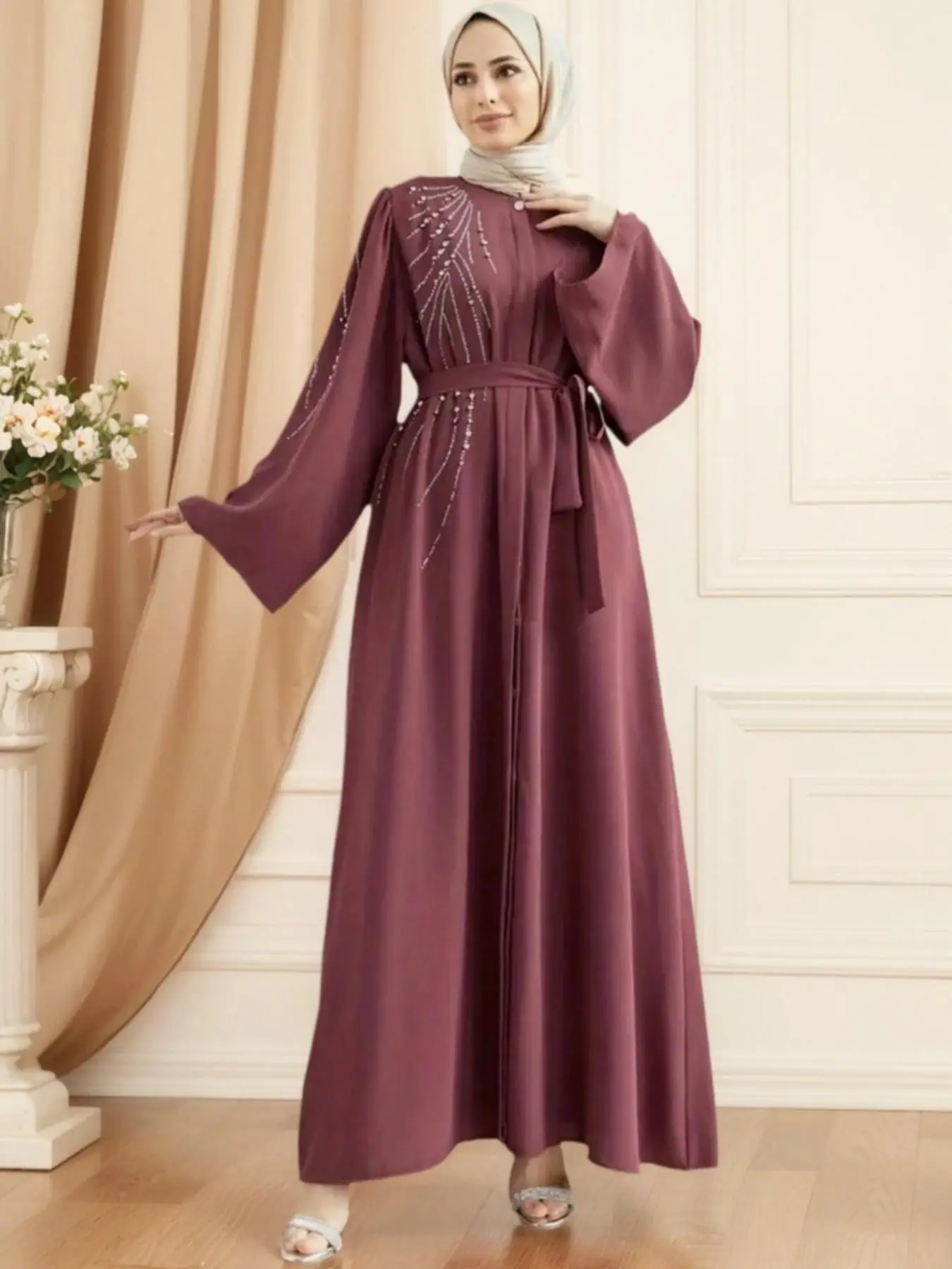 Women's Rhinestone Decor Belted Islamic Dress, Modest Long Sleeve Round Neck A Line Dress for Party Wedding Guest, Ladies Islamic Clothing for All Sea