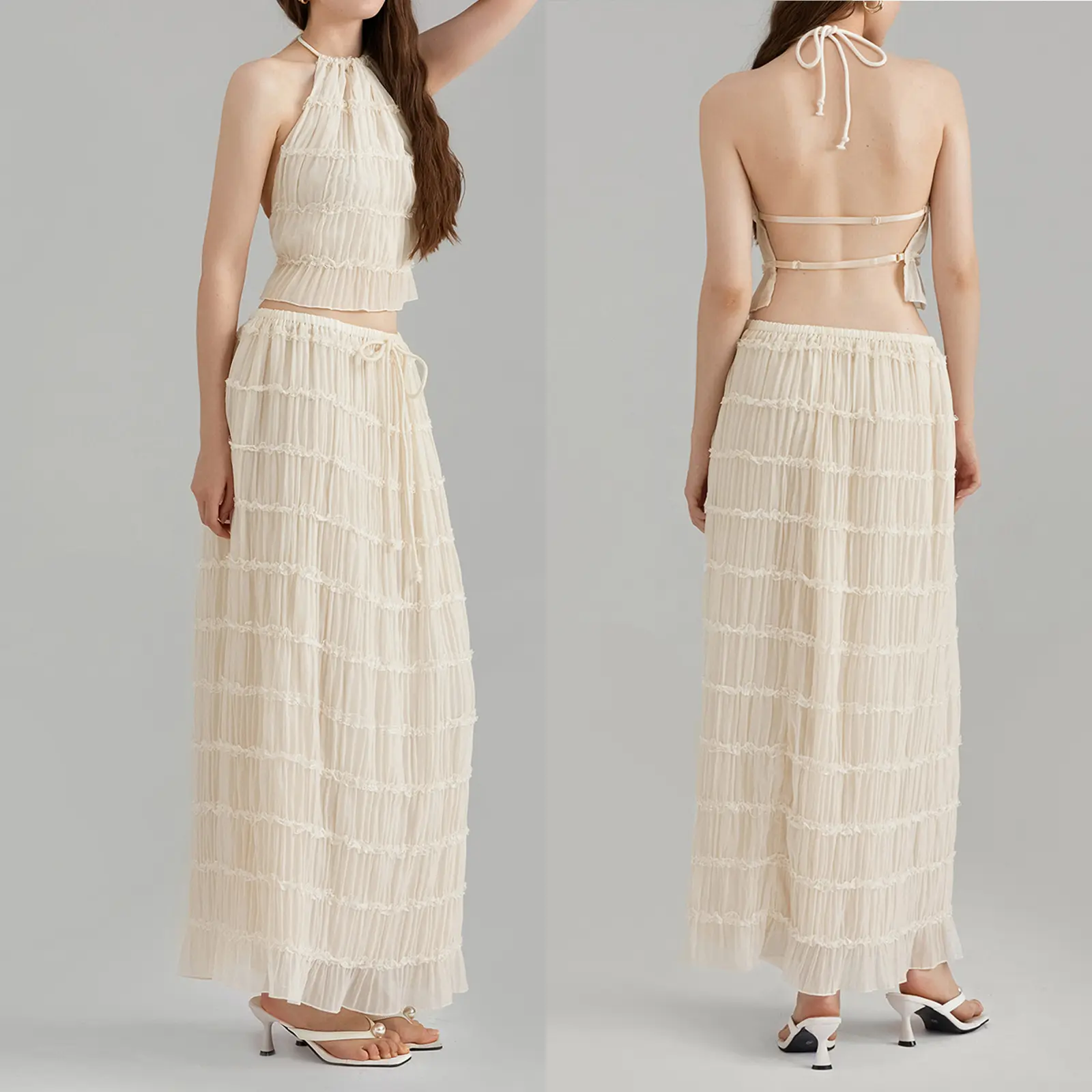 Women’s Two Piece Summer Outfits Sleeveless Ruched Halter Cami Tops and Long Skirt Set Beachwear