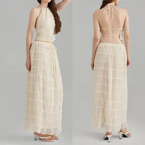 Women’s Two Piece Summer Outfits Sleeveless Ruched Halter Cami Tops and Long Skirt Set Beachwear