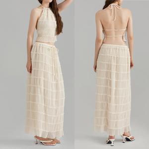 Women’s Two Piece Summer Outfits Sleeveless Ruched Halter Cami Tops and Long Skirt Set Beachwear