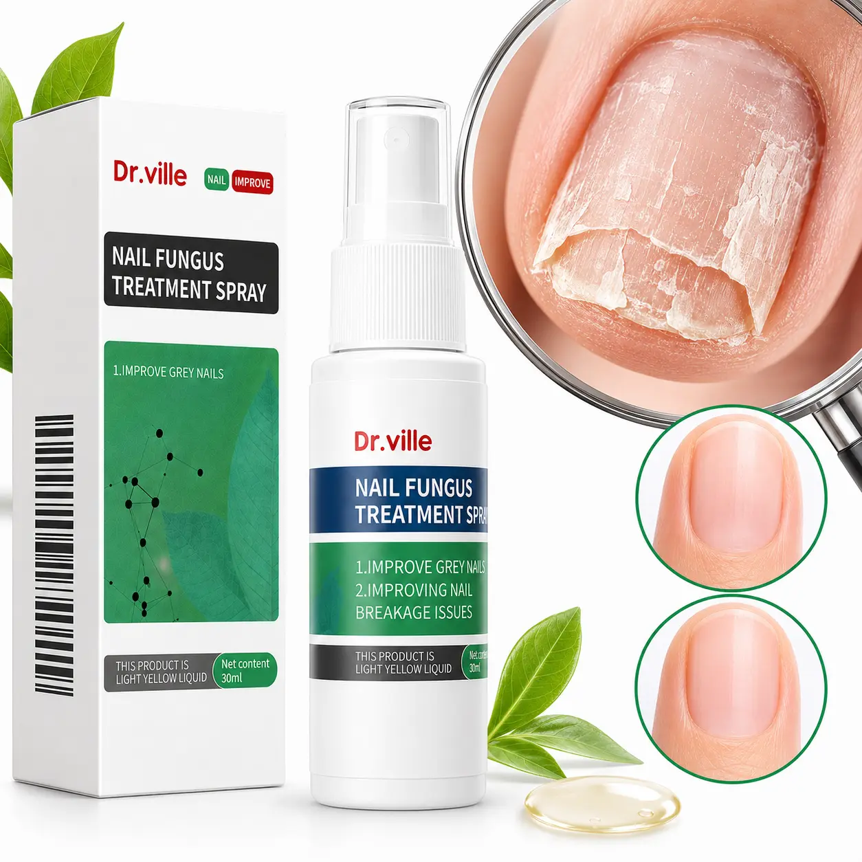 [Easy Application] Dr.ville 30ml Nail Care Spray for Fingers/Toes - Just Spray, Lightweight Daily Formula for Rough, Uneven, Dull Nails to Smooth Them, Smooth Nails