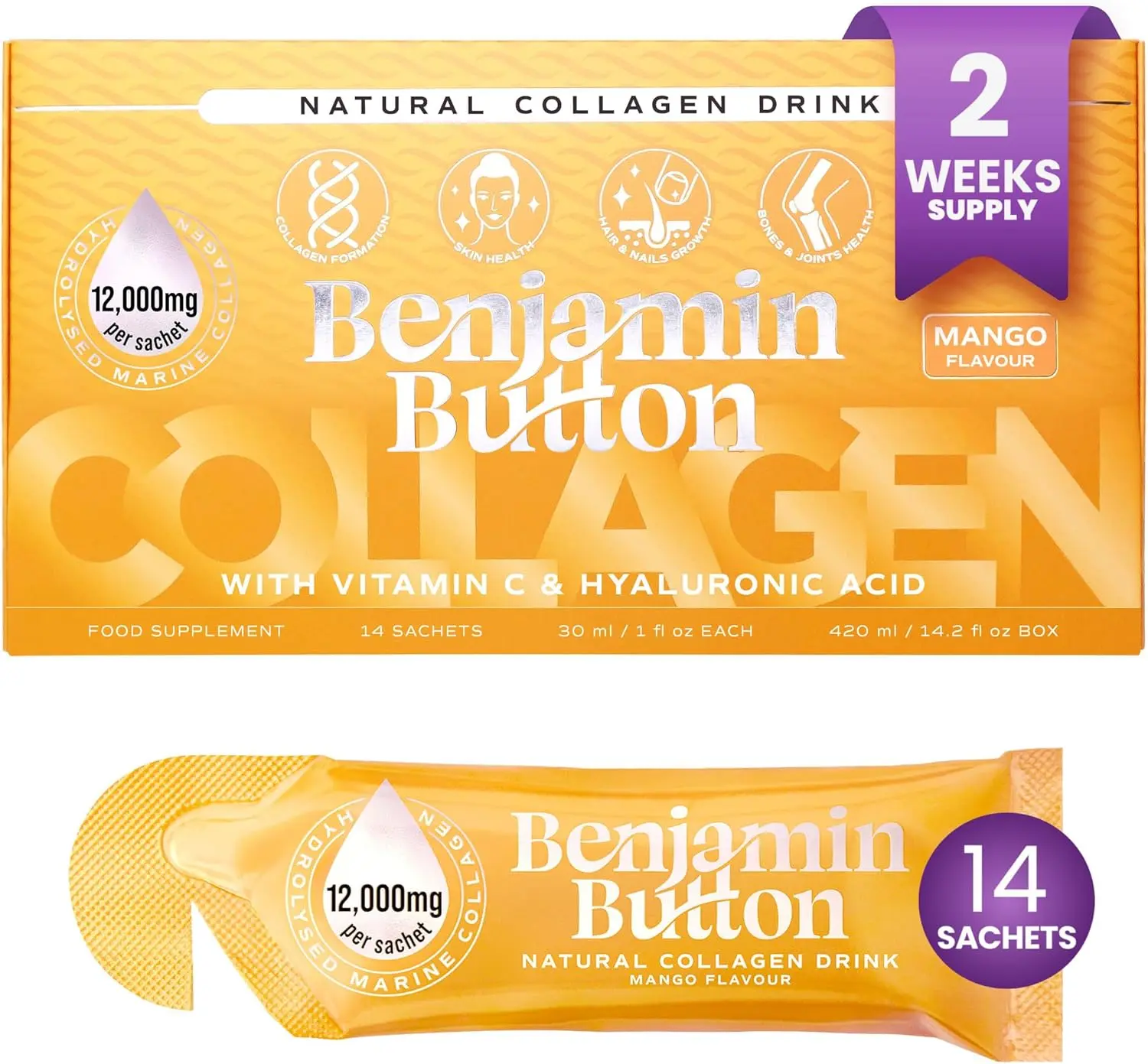 Marine Collagen Liquid Shots 12,000mg | Hydrolyzed with Vitamin C & Hyaluronic Acid | 14 Ready-to-Drink Daily Servings 30ml | Gluten Free | Skin Glow Hair & Joints | Mango Orange Berry | Collagen Supplement