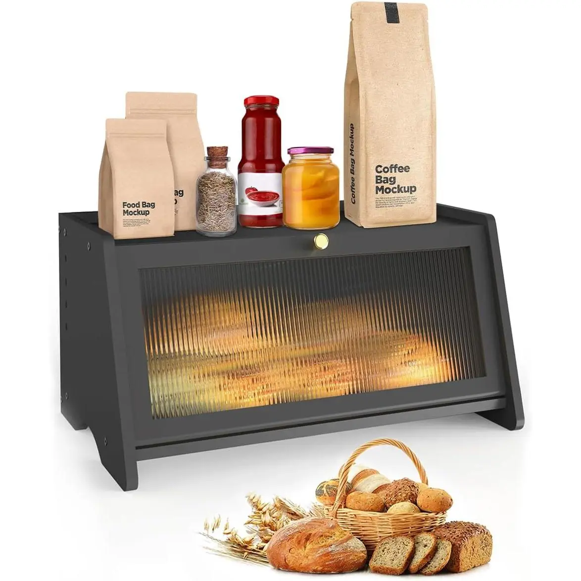 Zhengwanhh09j Black Bamboo Airtight Bread Storage Bin for Countertops - 12.95L, 2.3kg, 40.6x25.4x20.3cm, Ventilation Window, Magnetic Close, Large Rectangular Container with Included Kitchen Utensils & Food Cover, 2.3 Kilograms, 40.6 X 25.4 X 20.3 Cm