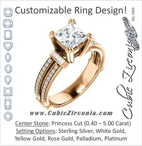 Cubic Zirconia Engagement Ring- The Kaitlyn (Customizable Princess Cut with Flanking Baguettes And Round Channel Accents)