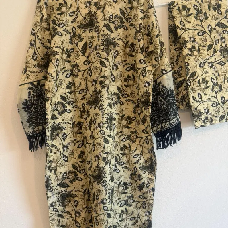 Beige (Ivory) with Black Floral Print and black embroiderey 3 piece suit