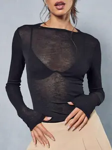 Women's Plain Transparent Long Sleeve Loose Fit T-Shirt, Womenswear Sexy Sheer Top, Party Club Date Casual Wear, Fitted Style
