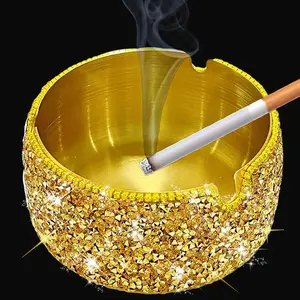Auric Shine Ashtray Gold Finish with Rhinestone Accents, Luxe Visual Style
