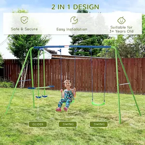 Outsunny Metal Swing Set with Glider, Two Swing Seats and Adjustable Height, Outdoor Heavy Duty A-Frame Suitable for Playground, Backyard, Green Wooden Slide Durable