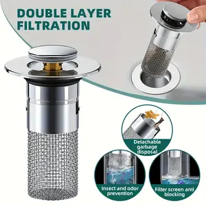 1pc pop-up bathroom sink plug stainless steel drain filter hair collector anti-odor pop-up wash basin leak plug anti-clogging bounce filter drainer Drain Protector