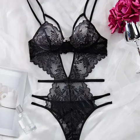 Women's Solid Cut-Out Sheer Lace Lingerie Bodysuit, Fashion Comfy Sexy Breathable Bodysuit for Daily Wear, Women's Sexy Lingerie for All Seasons, Lace Nightwear, Underwear, Breathable Fabric Lingerie, Lace Cutout Bodysuit, Lacy Bodysuit