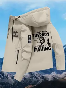 Men's Fishing Pattern Windproof Jacket, Loose Fit Hooded Outdoor Coat, Fall & Winter Hiking Camping Design