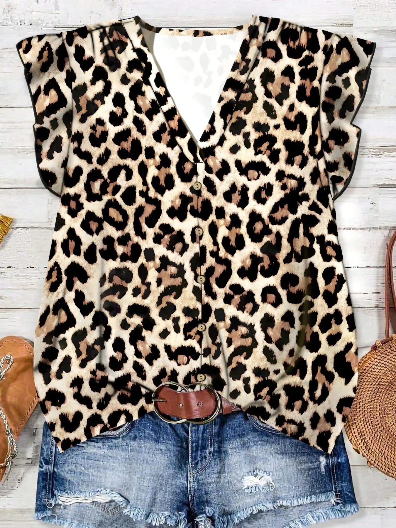 Women's V Neck Pleated Sleeve Loose Fit Leopard Print Top Blouse Shirts, Boho Resort Blouse, Perfect for Vacation and Daily Wear, Casual, Fashionable Lightweight Comfort, All Seasons