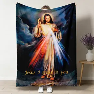 Catholic Gift Flannel Blanket - 80x60inch (Big for Adults), Wrinkle Resistant, Breathable, Lightweight, Religious Divine Mercy Jesus With Rays Throw, Baptism & Birthday Gift For Mom, Living Room Decor, Jesus I Trust In You Accent