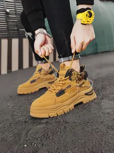 High top men's shoes autumn versatile casual leather work shoes board shoes youth mountaineering sports thick soled for Durable Outdoor Hiking