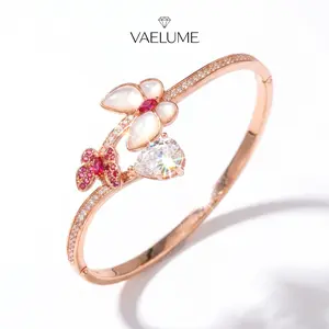 VAELUME 18K Rose Gold Plated Mother of Pearl Butterfly Bangle, Red Ruby Color & Pear Cut Zircon Cuff, Perfect for Daily Wear, Anniversaries,Birthday Gift for Women and Girls # B0021