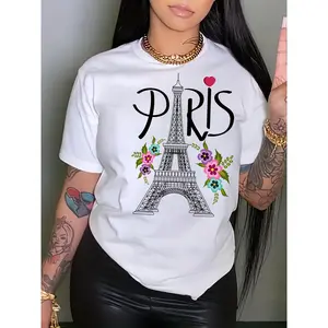 Women'S Casual Short Sleeve Crew Neck  Geometric-pattern Pullover Regular Fit Ranged Knit Fabric 180g T-shirt for Spring, Summer, All Seasons