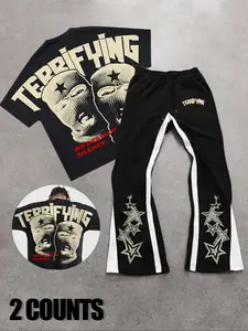 Men's Cartoon Graphic Print Tee & Side Seam Sweatshorts Two-piece Set, Fashion Comfy Round Neck Short Sleeve T-shirt & Jogger Pants for Daily Wear, Summer Outfits, Men Two-piece Outfits for Summer, Tropical Going Out Outfit