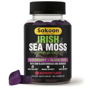 Irish Seamoss Gummies with Elderberry & Black Seed Oil, Bladderwrack, Raspberry Flavor, Vegan Seamoss for Men & Women, Non-GMO, Gelatin Free, 60 Gummies