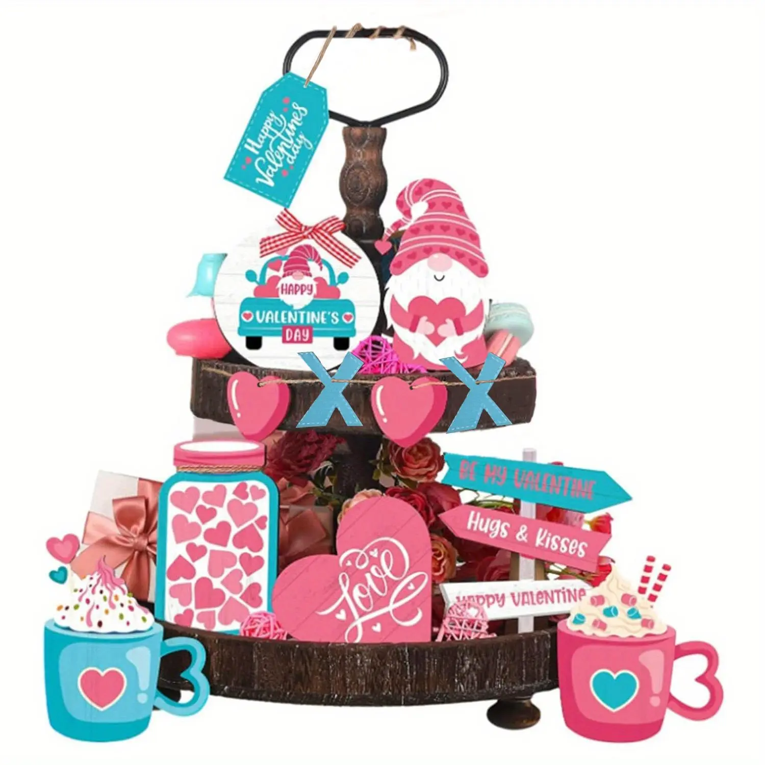 Valentine's Day Tiered Tray Decor Set, 1 Set Wooden Sign & Gnome & Car & Coffee Cup & Bottle & Balloon & Heart Shaped Ornament, Table Centerpieces for Festival Party Farmhouse Party Decoration Supplies(without Tray)