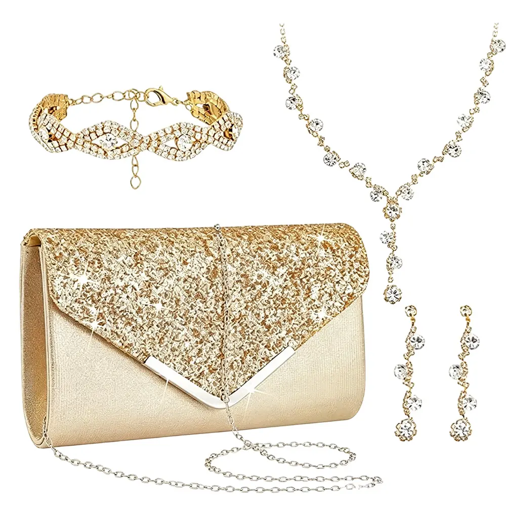 4Pcs Rhinestone Clutch & Jewelry Set, Sparkling Purse with Matching Necklace, Earrings and Bracelet, Elegant Bling Accessories for Women & Brides, Glam Design Ideal for Wedding, Prom, Formal Parties, Banquets and Anniversary Events