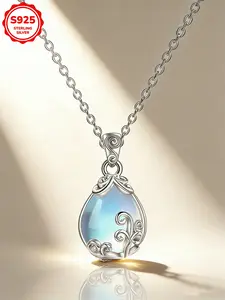 Women's Elegant S925 Silver Moonstone Necklace, Fashionable Pendant Chain, Hypoallergenic, Daily Wear, Gift for Birthday & Valentine's Day, Celestial Pendant Necklace, Birthday Gift Jewelry