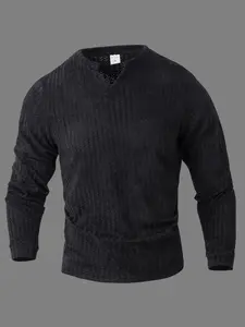 Men's Fashion Casual Long Sleeve Henry Shirt, High-End Tweed Henley T-Shirt, V Neck Design, Loose Fit, Breathable Warm Comfort