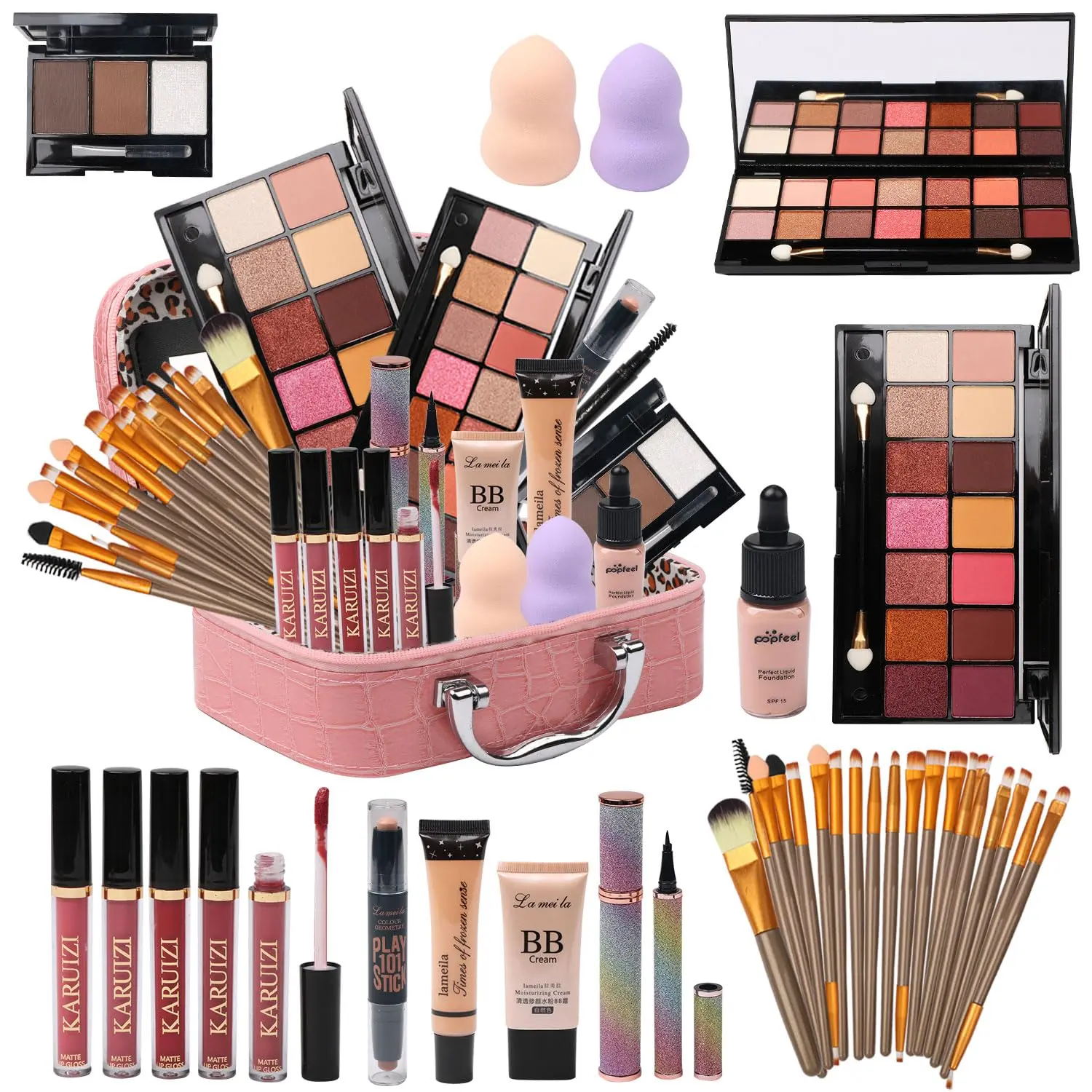 All in One Makeup Kit for Makeup storage bag 2X14 Colors Eyeshadow Palette Liquid Foundation Eyeliner Pencils Contouring Stick Lip Gloss Eyebrow Pencils 20 Makeup Brushes etc For Women Girls Teens (Pink)