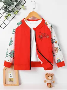 Kids Windproof Jacket, Bear Print Patchwork Long Sleeve Zipper Coat, Boys Girls Fall Winter Fitted Outerwear, Casual Christmas Pattern