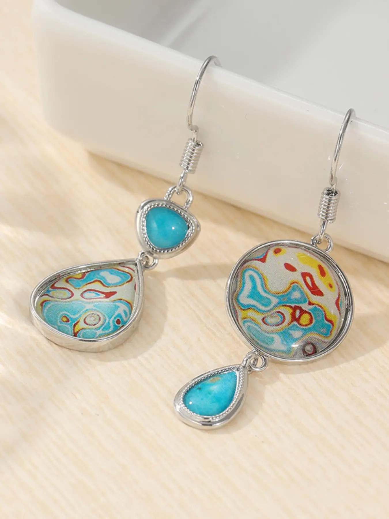 Vintage Copper Asymmetric Synthetic Turquoise Pendant Earrings, Handmade Bohemian Style for Women, Casual All Seasons Jewelry