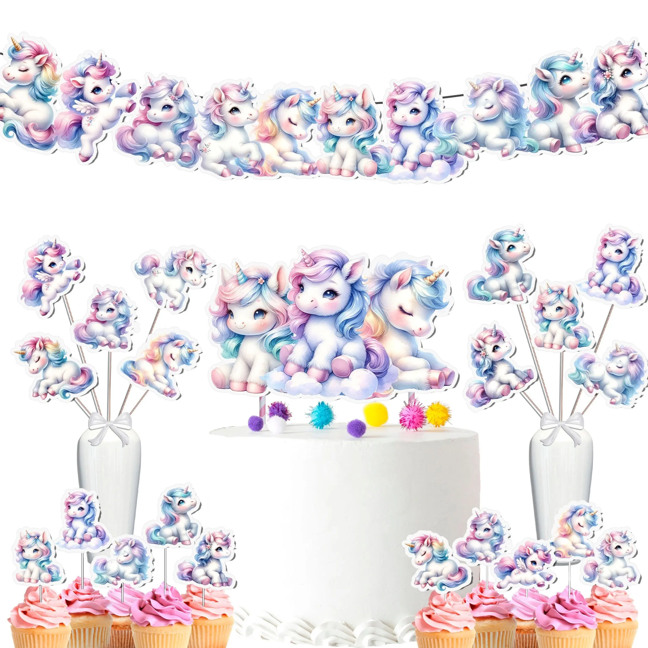 Magical Unicorn Baby Shower & Birthday Party Decor Set  - Enchanting Cake Topper, Cupcake Toppers, Centerpieces & Banner Included