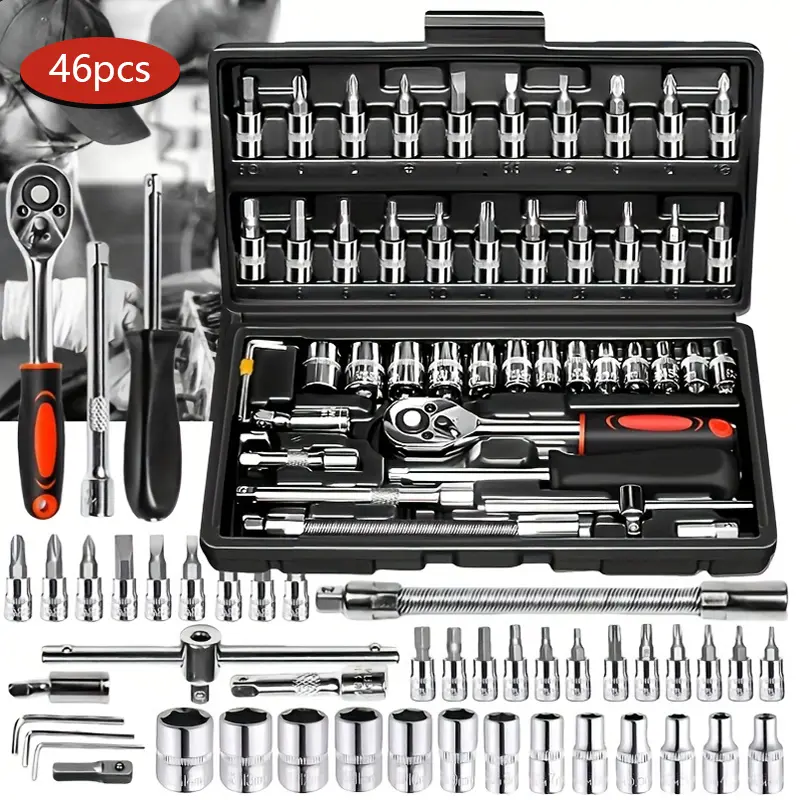 Car Repair Machinery 46pcs 1/4 Inch Tool Set, Household Socket Wrench Ratchet Screwdriver Kit, Multi-Purpose DIY Hardware Toolbox for Auto & Bicycle Maintenance, Practical Holiday Gift for Men & DIY Enthusiasts