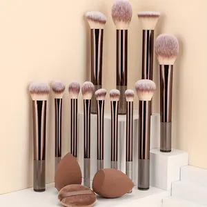 12Pcs Long Handle Makeup Brush Set Hot Sale | Round Powder & Blush Brushes with Puff