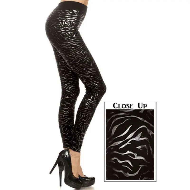Yelete Fleece Party Leggings - Foil Print Silver/Black