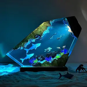 Shark Resin Lamp,Handcrafted Resin Ocean Night Light with Wooden Base, Multi Color Led Lights USB Port,Shark Decor for Home Office,Ocean Lover Collectibles, Birthday Gifts for Him & He