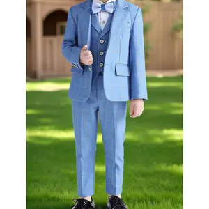 Boy's Stylish Suit Set, Jacket & Vest & Trousers & Bow Tie Four-Piece Set, Ideal For Formal Occasions, Birthday Party, Banquet And Stage Performance