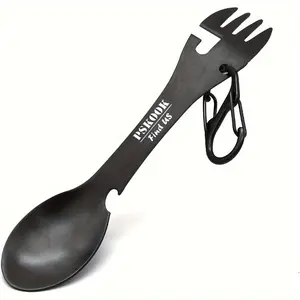 PSKOOK 5-in-1 Utility Tactical Spork, 2-Pack Stainless Steel Spoon & Bottle Opener, Fork & Knife, Can Opener Combo Camping Utensil For Hiking, Camping Or Backpacking (Black & Matte Silvery)