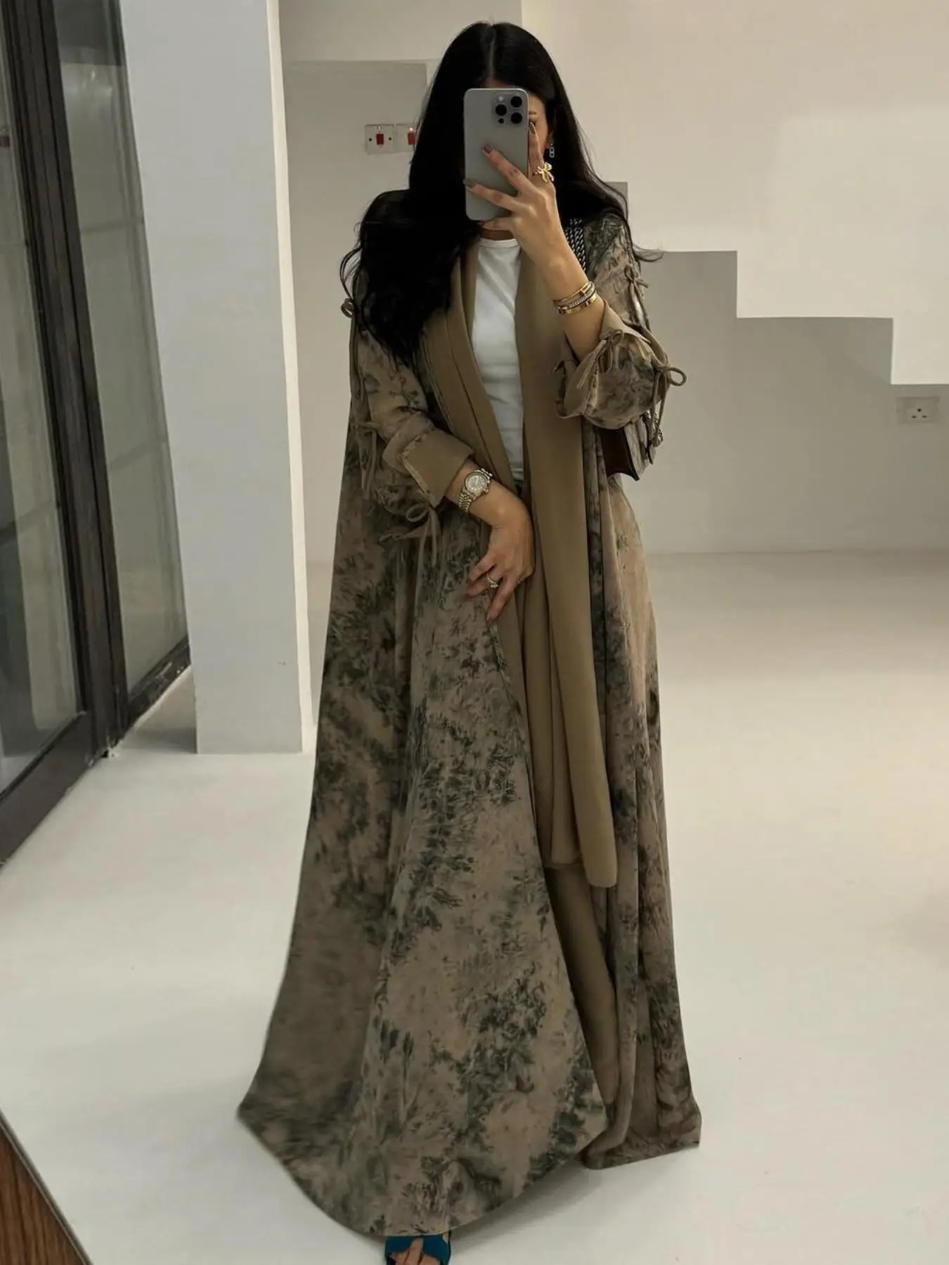 Women's All Over Print Long Sleeve Open Front Abaya & Hijab Set, Casual Fashion Two-piece Outfits for Daily Wear, Ladies Islamic Clothing for All Seas
