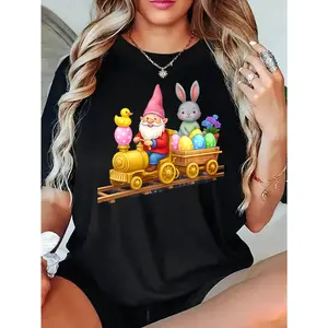Women Casual T Shirt Black Garden Gnome Bunny And Easter Eggs On Train Print