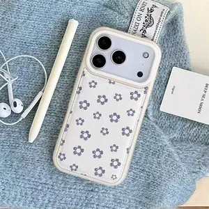Dot Blue Flower Apple iPhone 13 14 15 16 17 Pro Max Phone Case Silicone Full Coverage Autumn Winter Leather Texture Fall Design