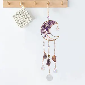 Crystal Moon Dream Catcher, 1 pcs Tree of Life Dreamcatcher with Crystal Purple Stones, Handmade Sun Catcher Wall Decor for Bedroom Study Room Courtyard Garden, Bless Gift