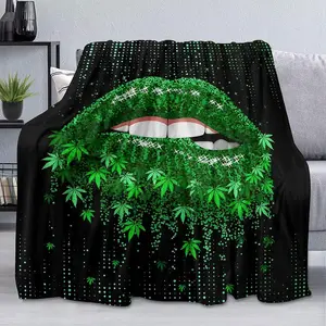 LUVIVIHOME Green Weed Throw Blanket, Green Glitter Sexy Lips Cannabis Marijuana Leaf Stoner Blanket, Black Blanket, Cozy Soft Lightweight Fuzzy Warm Flannel Fleece Blanket for Couch, Sofa, 40"x50"