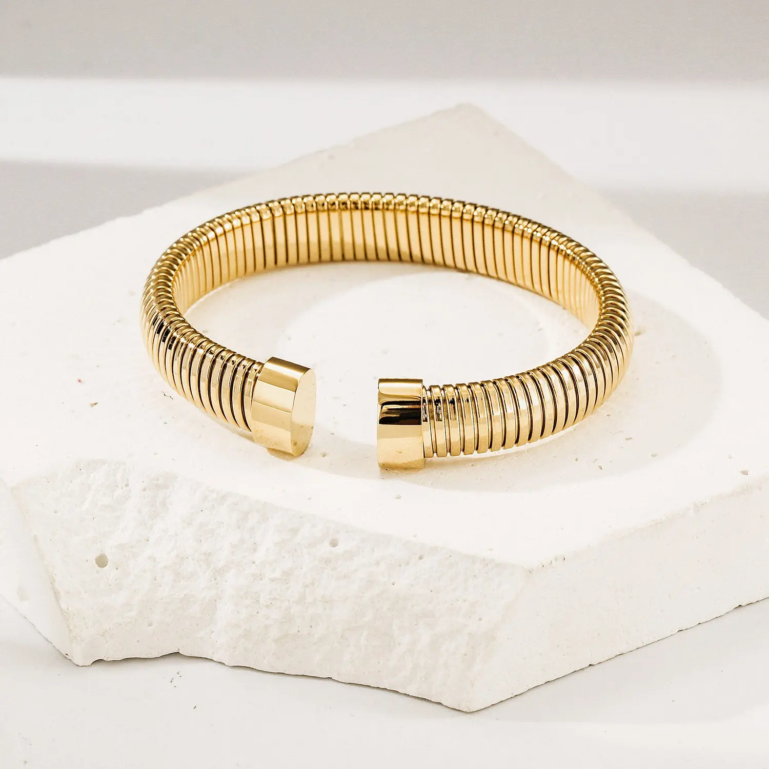 10mm Stainless Gold Statement Snake Coil Cuff Bracelet with Beads - Elegant, Minimalist, Tarnish-Free, Hypoallergenic, Flexible Fit for Daily Wear, Swims