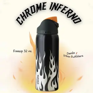 Special Edition Owala 32oz Edgy Black “Chrome Inferno” Flame Stainless Steel Thermos Keep Water Bottle Free Sip Tumbler Water Bottle