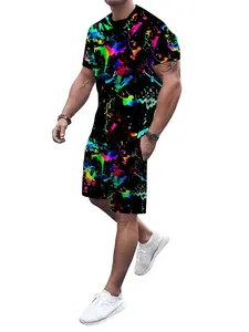 Men's Rainbow Splatter Print T-Shirt & Shorts Set, Fashionable Casual, Comfortable Breathable, All Seasons Wear